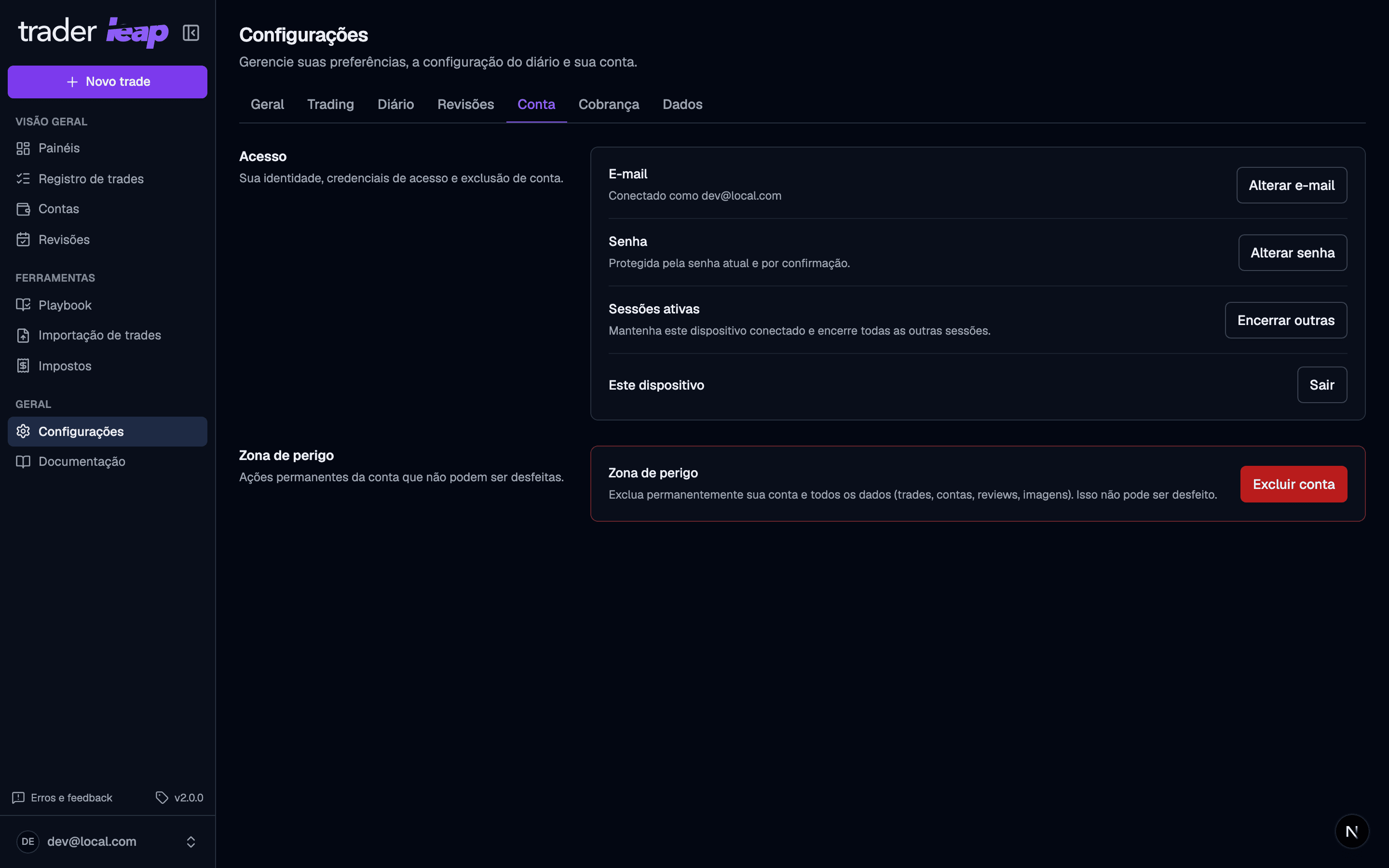 Aba Conta das configurações com alterar senha, alterar e-mail, encerrar outras sessões e exclusão de conta